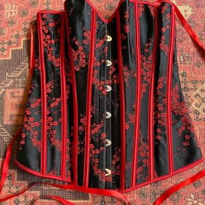 Black and Red Sakura blossom Floral Corset